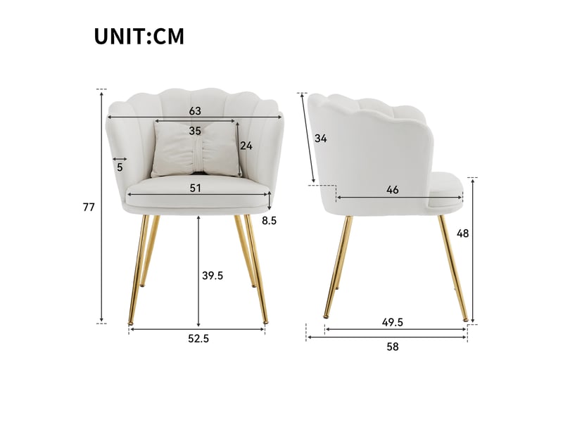  Fauteuil de salon design 63x58x77 cm, dossier pétale, coussin papillon, pieds dorés, velours beige  - Conforama C
