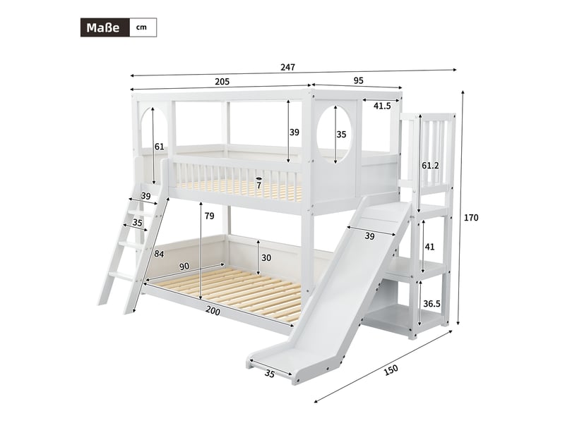  Lit superposé enfant 90×200 cm avec rangement, étagères et toboggan, pin, blanc, sans matelas  - Conforama C