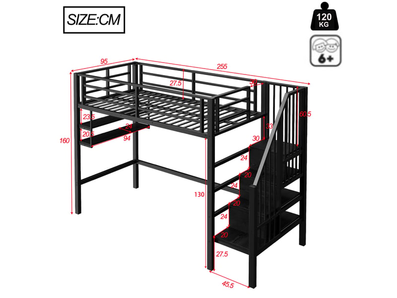 Lit mezzanine enfant 90 x 200 cm rangements intégrés échelle rangement espace jeu garde-corps métal noir sans matelas - Conforama C