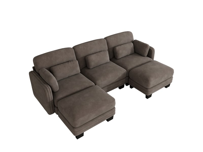  Canapé droit modulable 253 cm 3 places avec 2 poufs, coussins d’accoudoir amovibles, coussins lombaires épais à soutien renforcé, chenille, brun café  - Conforama A