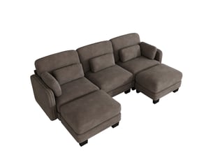 Canapé droit modulable 253 cm 3 places avec 2 poufs, coussins d’accoudoir amovibles, coussins lombaires épais à soutien renforcé, chenille, brun café