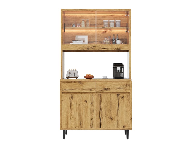  Buffet haut de cuisine 100x40x185 cm avec rangement multi-niveaux, prise intégrée, usb-c, usb-a et led couleur, panneaux de particules, naturel  - Conforama A