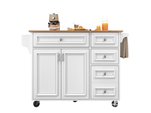 Îlot de cuisine pliant sur roulettes 110 x 45-75 x 92 cm, mdf blanc avec rangements