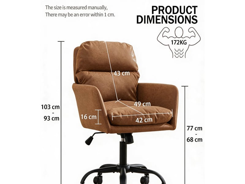 Chaise de bureau réglable en hauteur en cuir régénéré marron, avec accoudoirs et roulettes pour le travail  - Conforama C