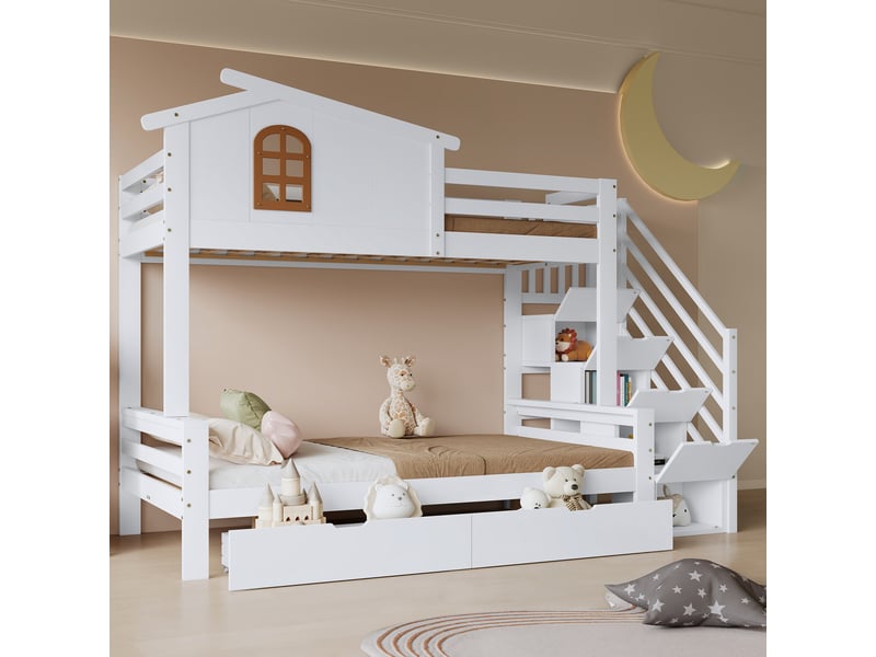  Lit superposé enfant 90 x 200 + 120 x 200 cm avec 2 tiroirs sur roulettes, escalier d’angle avec rangements, fenêtres, pinmdf, blanc et naturel  - Conforama D