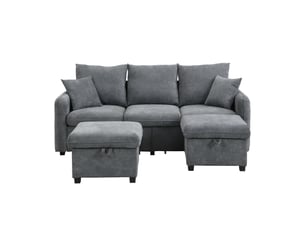 Canapé modulable 3 places gris foncé en tissu chenille 188 x 186 x 86 cm, avec rangements, 2 poufs et fonction couchage