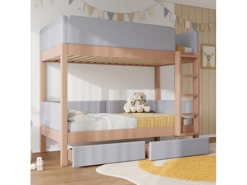  Lit superposé enfant 90x200 cm – gris et naturel – 2 tiroirs intégrés, escalier 4 marches, sans matelas  - Conforama B
