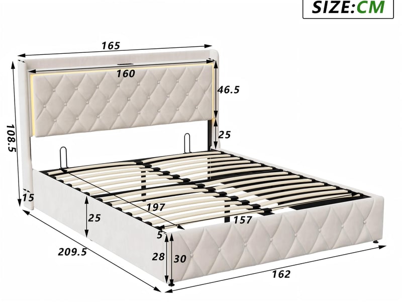  Lit coffre 160x200 cm - led intégrée et port usb - tête de lit avec rangement - velours - sommier inclus  - Conforama C