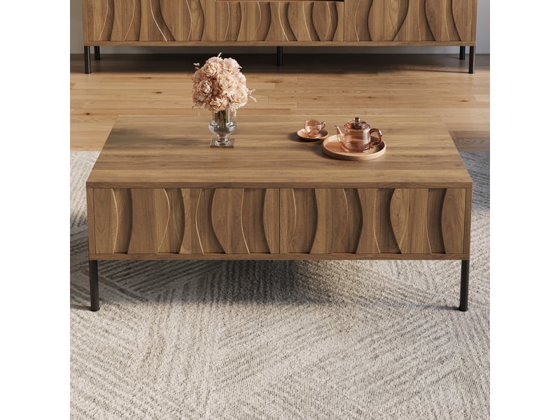  Table basse avec 2 tiroirs de rangement - lpospi - façades ondulées style rétro, pieds en métal, mdf et panneaux de particules naturel 105 × 55 × 41 cm  - Conforama C