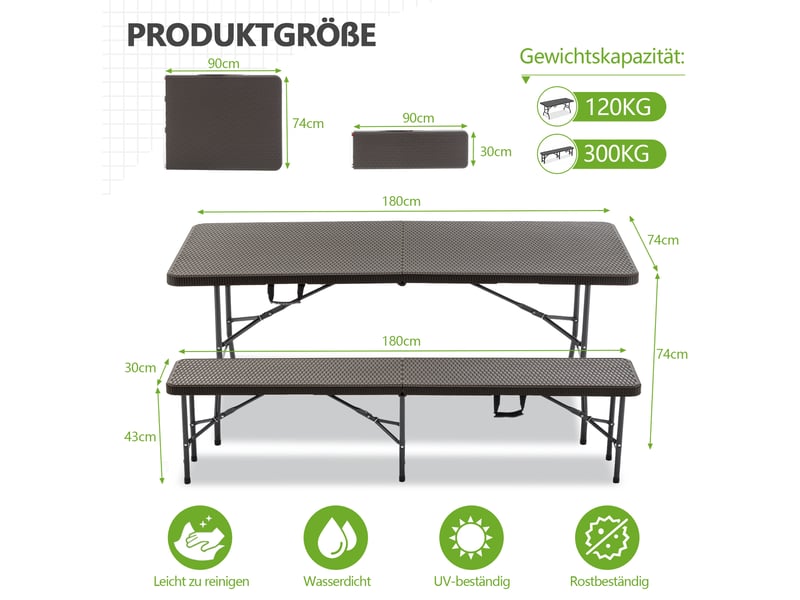  Set de pique-nique pliant 3 pièces 180x74x43 cm marron en plastique, table et 2 bancs pour 6 personnes  - Conforama C