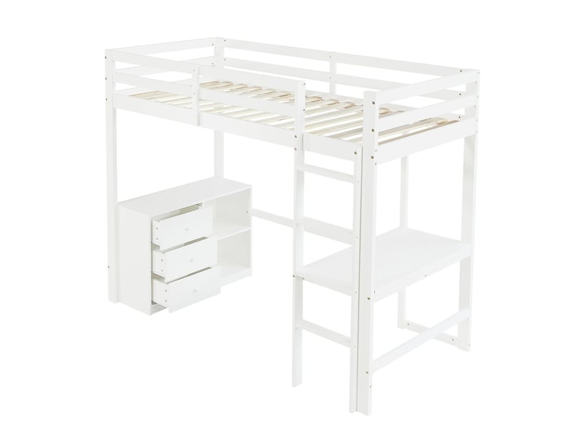 Lit mezzanine avec bureau 90 x 200 cm bureau intégré meuble à tiroirs étagère de rangement échelle à quatre marches pin et mdf blanc - Conforama A