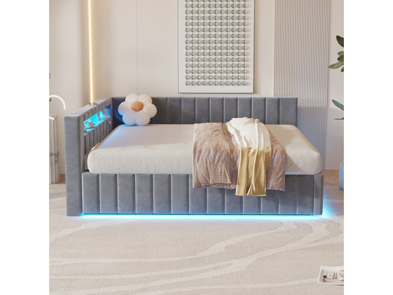  Lit banquette enfant coffre 140 x 200 cm avec led, usb et rangement hydraulique, velours gris Fay Lum - Conforama D