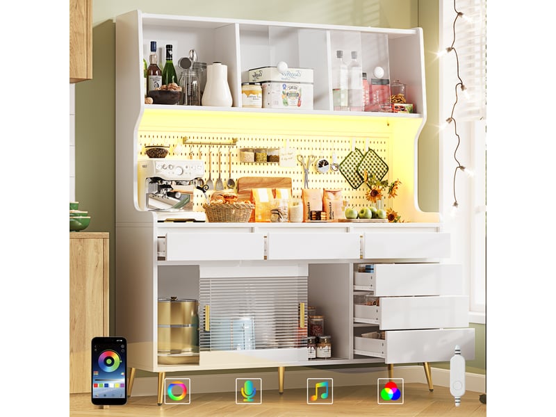  Armoire haute blanche avec led, meuble de rangement cuisine et salle à manger moderne, portes en verre, 145x39x171cm.  - Conforama B