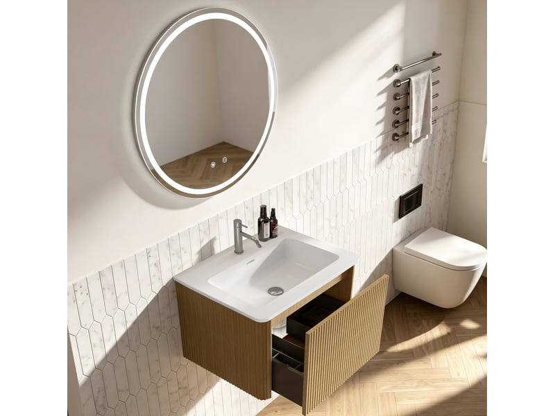  Ensemble meuble vasque suspendu 61x46,5 cm – chêne – vasque intégrée, miroir led rond 60 cm et tiroir  - Conforama D