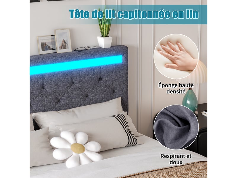  Lit double rembourré 180x200 avec 4 tiroirs, led et usb, lit 2 places avec tête de lit réglable, sommier à lattes, sans matelas, lin gris  - Conforama R