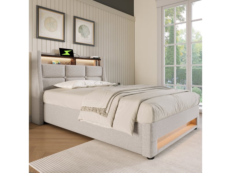  Lit coffre 90x200 cm avec led et usb structure de lit,lit simple avec rembourré tête de lit sommier à lattes métal &amp; cadre lin,gris  - Conforama W