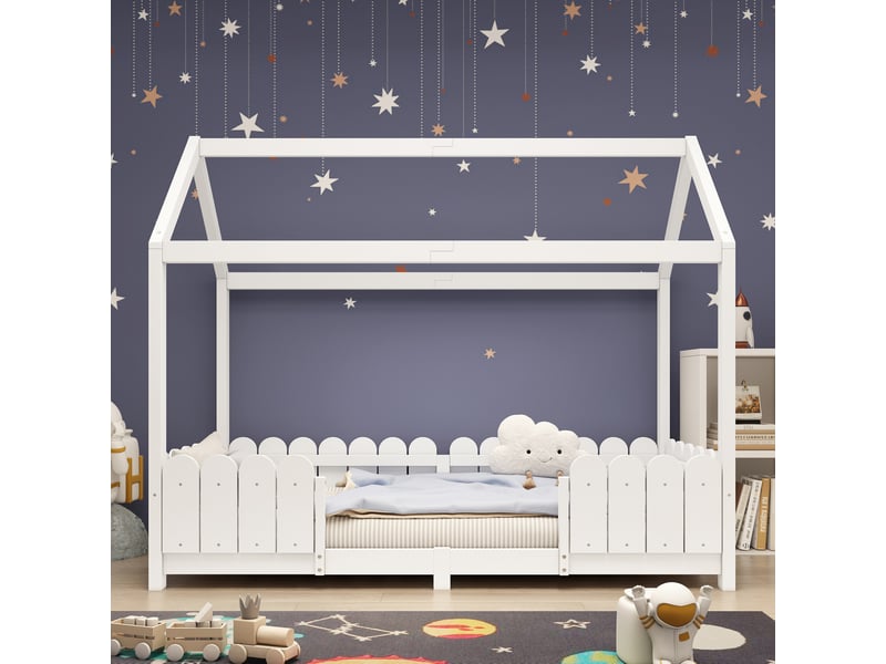  Modenvie lit enfant maison 90x200 cm - avec barriere de securite, sommier inclus - blanc  - Conforama E
