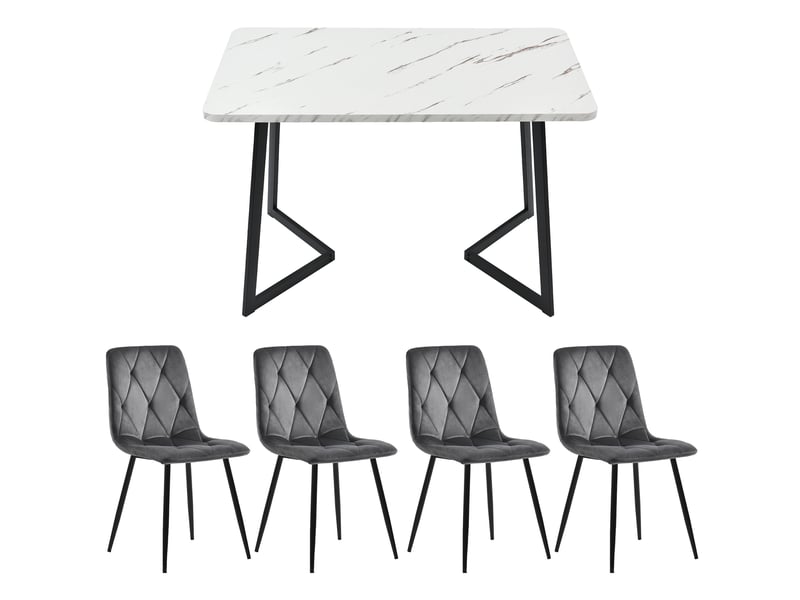  Ensemble table à manger avec 4 chaises, table rectangulaire 117 x 68 cm, plateau effet marbre blanc et velours gris foncé  - Conforama B