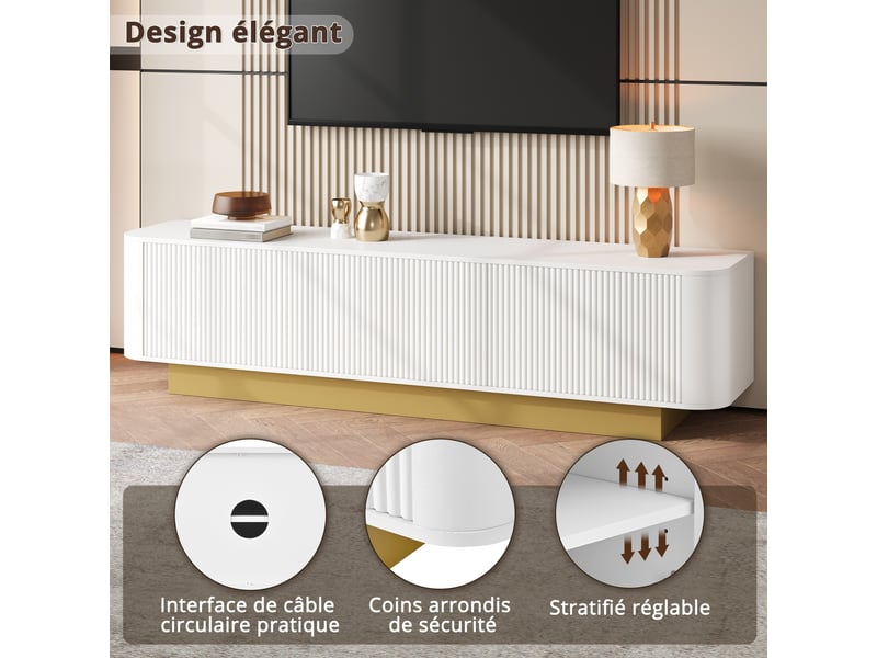 Meuble tv 170x40,5x47 cm, portes de rangement, façades texturées, coins arrondis, passe-câbles pour salon et séjour - blanc - Conforama B