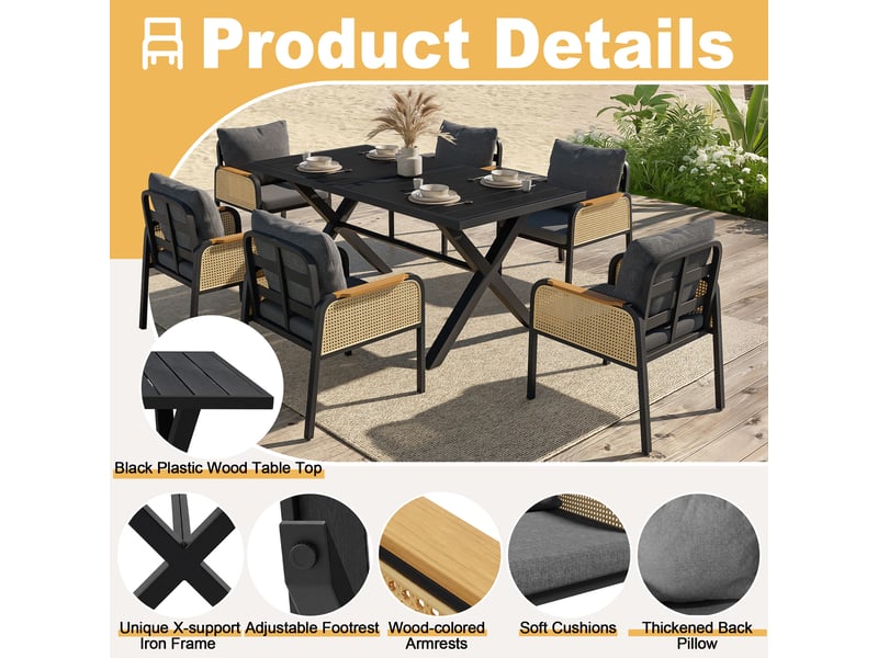  Salon de jardin à structure métallique et accoudoirs tressés, table et sièges avec coussins pour terrasse  - Conforama E