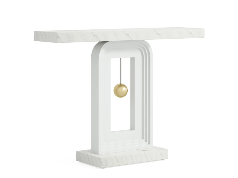 Table console étroite avec plateau en marbre et base géométrique - lpospi - pour entrée salon, mdf blanc 100 cm  - Conforama A