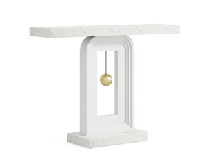 Table console étroite avec plateau en marbre et base géométrique - pour entrée salon, mdf blanc 100 cm