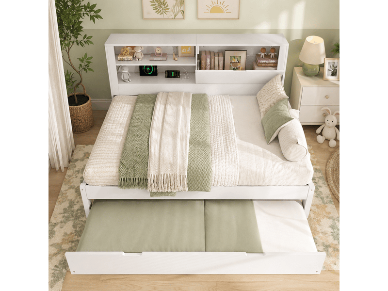 Lit banquette 140x190 cm avec lit gigogne 90x190 cm, rangement tête de lit, usb-c, étagères et coffre de rangement - blanc (sans matelas) - Conforama C