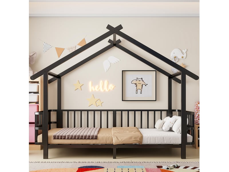  Lit cabane enfant 90 x 200 cm en métal noir avec barrières de sécurité  - Conforama E