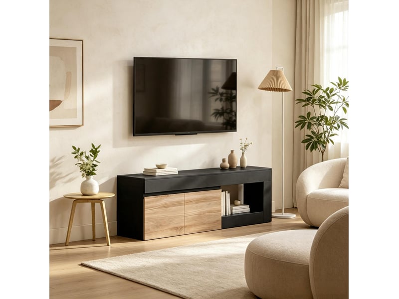  Meuble tv avec 2 portes, étagère ouverte et fermeture amortie pour salon, noir et bois naturel, 140 × 40 × 48 cm  - Conforama B