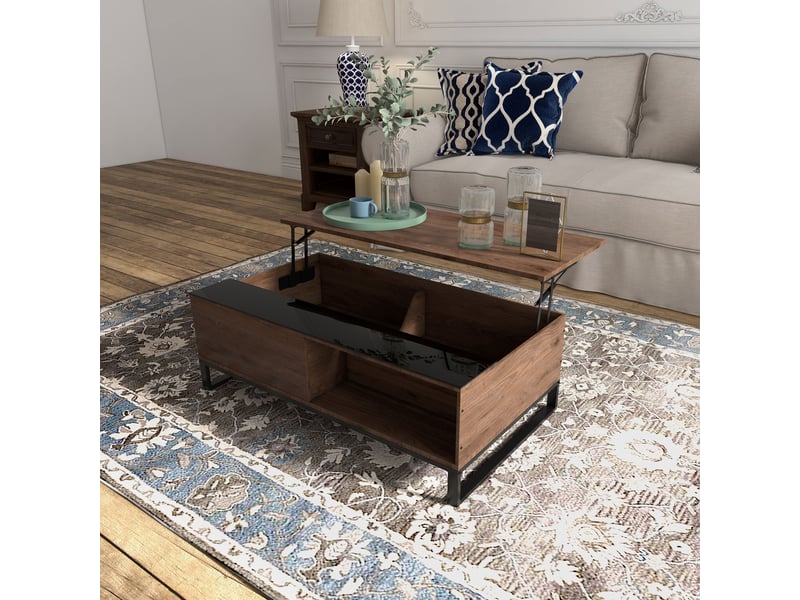 Table d'appoint avec mécanisme de levage, compartiment de rangement dissimulé, aspect noyer, structure en acier, 102 x 58 x 35,5 cm - Conforama D