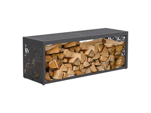 Ml-design range-bûches pour intérieur et extérieur avec banc, acier galvanisé, conception 2-en-1 motif feuilles, rangement bois de chauffage, support d'empilage résistant aux intempéries, 120x38x43 cm