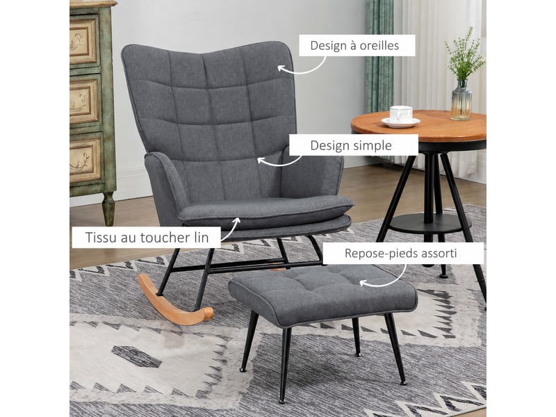 Chaise à bascule gris jusqu'à 130 kg - fauteuil à bascule avec repose-pieds en tissu lin - Conforama D