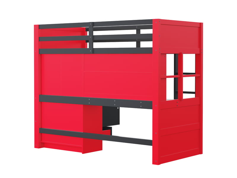  Lit mezzanine 90 × 200 cm avec bureau, armoire, tiroirs, rangements et échelle, style gaming noir et rouge  - Conforama R