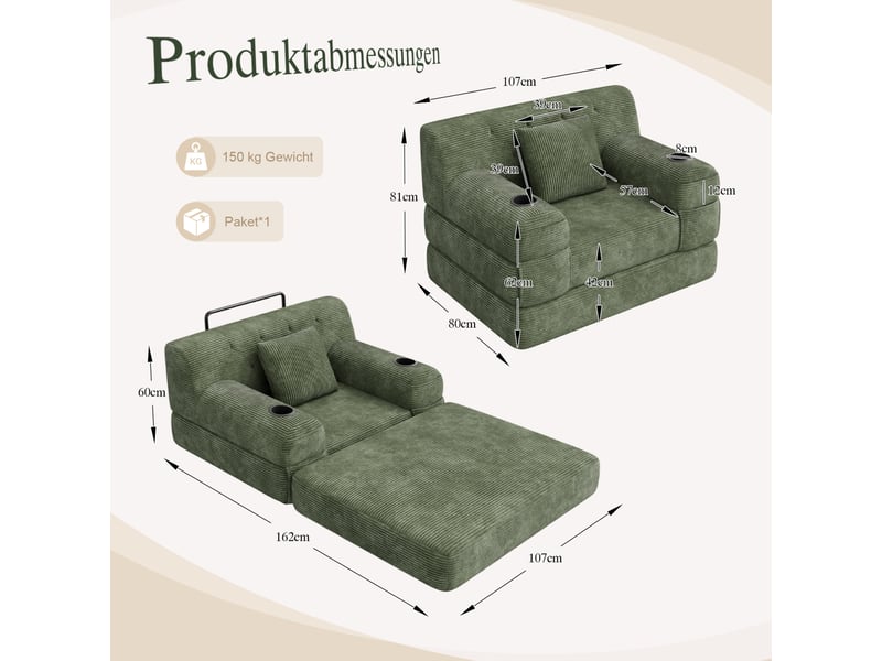  Canapé-lit tcqpz 1 place convertible 107 x 80 x 81 cm dossier haut velours côtelé vert  - Conforama C