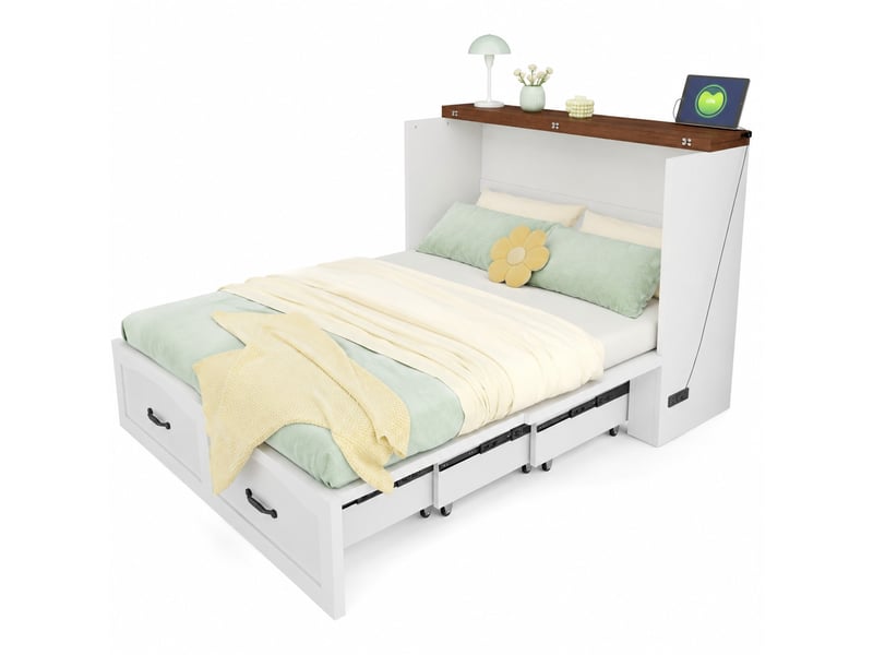  Lit escamotable double 140×200 cm avec prise intégrée et roulettes silencieuses - okmyhome- blanc, sans matelas  - Conforama A