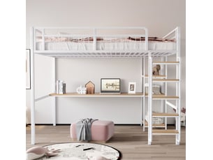 Lit mezzanine 140x200 cm blanc en métal et mdf, avec bureau et étagères, escalier de sécurité