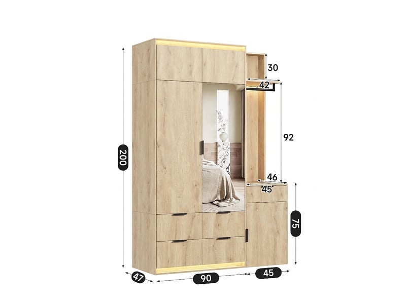 Armoire vestiaire d'entrée meuble avec miroir et led vestiaire penderie chêne 135x47x200cm - Conforama E