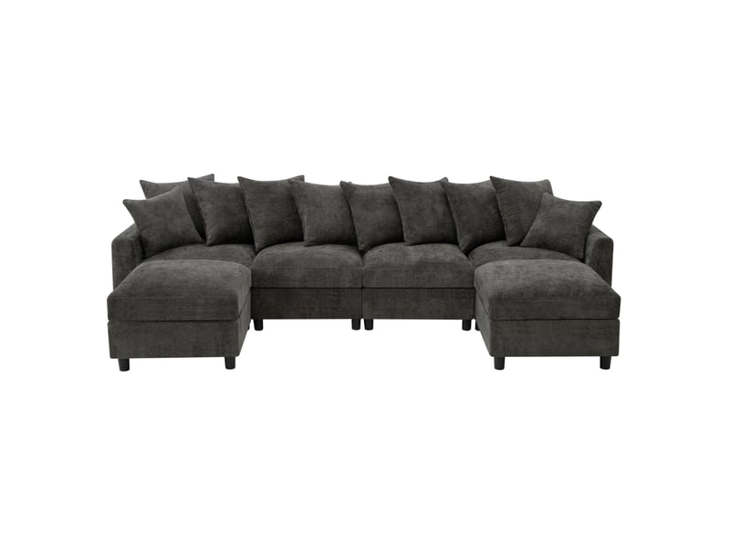 Canapé d’angle modulaire modenvie 6 places en u ou l avec 2 poufs, usb et type c, 10 coussins, chenille grise, 283 x 153,5 x 78,5 cm - Conforama A