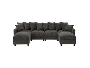 Canapé d’angle modulaire modenvie 6 places en u ou l avec 2 poufs, usb et type c, 10 coussins, chenille grise, 283 x 153,5 x 78,5 cm