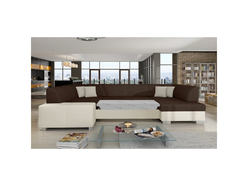 Canapé panoramique en u marron & blanc convertible 6 places havane avec rangement intégré - Conforama D