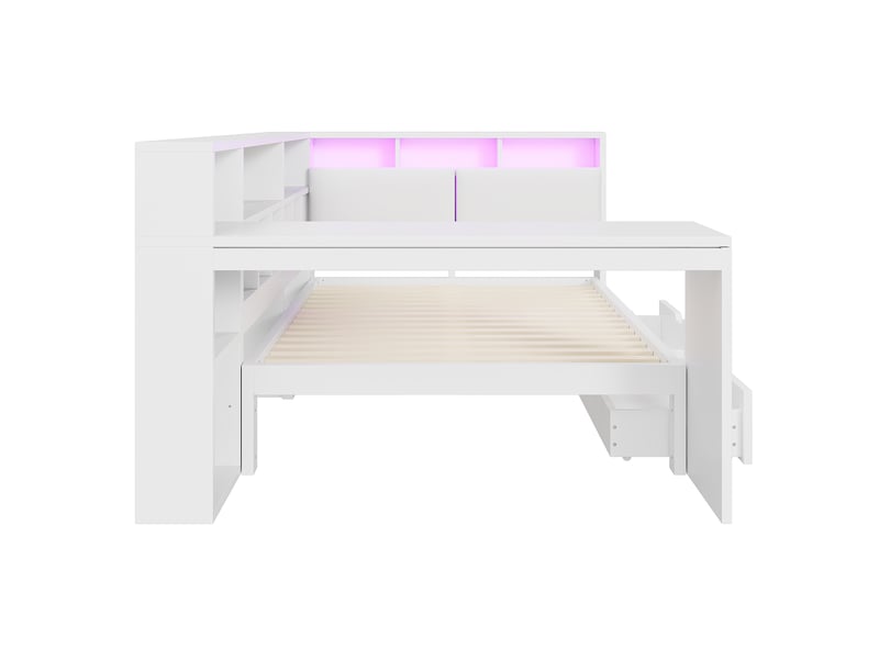  Lit enfant en l 140x200 cm avec bureau, tiroirs et led, mdf et lin, blanc, sans matelas  - Conforama D