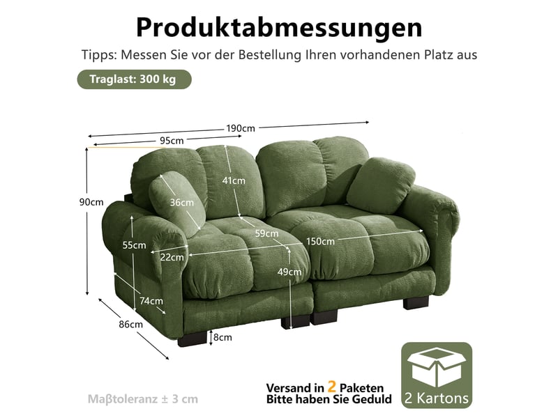 Canapé droit 2 places 190cm en chenille avec design matelassé, canapé modulable avec coussins épais ergonomique, montage facile, vert Bliss Lite - Conforama C