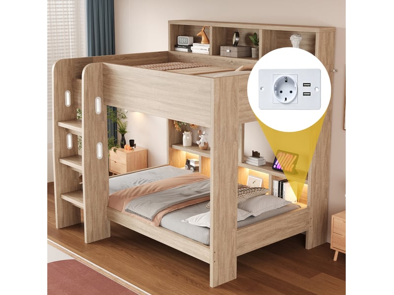 Lit superposé 90x200 cm, 2 couchages, casiers, led, prises, échelle, mdf, bois naturel, sans matelas - Conforama E