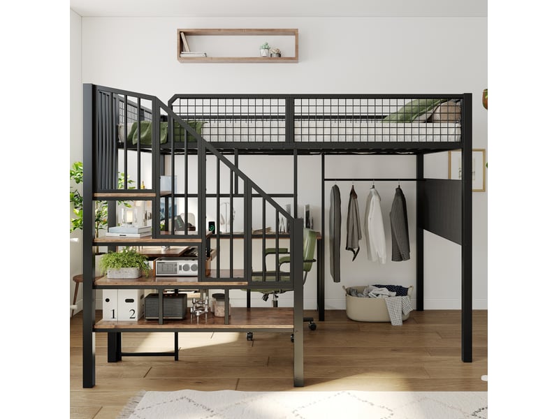 Lit mezzanine 140x200 cm avec bureau d’angle, escalier et chargeur noir - Conforama E