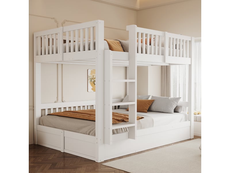  Lit superposé enfant 140 x 200 cm, coffre de rangement hydraulique sous le lit, marches intégrées, structure robuste, bois, blanc OMNIGLINT TRADING LTD - Conforama B
