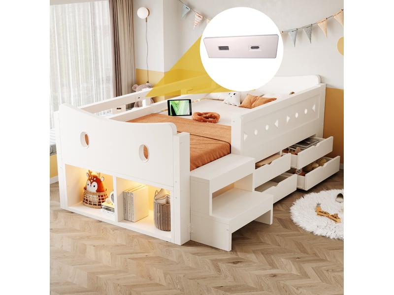  Lit enfant 90 × 200 cm avec 4 tiroirs, rangements, barrières de sécurité, led et prises usb type-c, blanc, chambre  - Conforama E