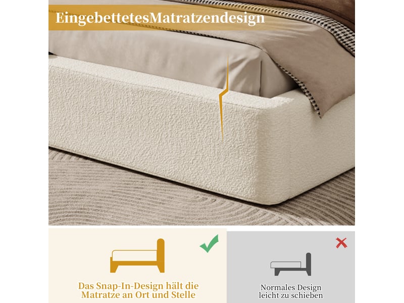  Lit coffre adulte 160x200 cm – beige bouclé – sommier à lattes inclus et rangement hydraulique sous le lit  - Conforama E