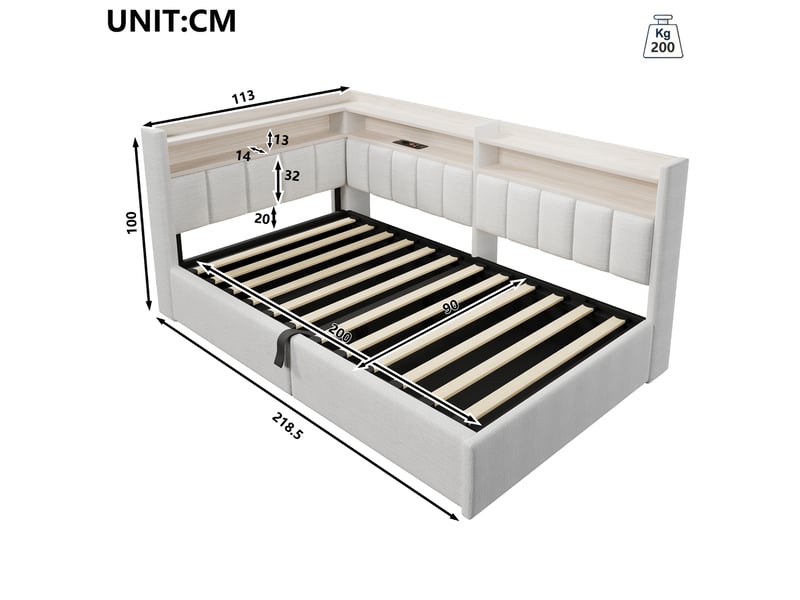  Lit coffre hydraulique 90x200 cm avec led, usb-a et usb-c et tête réversible, velours crème, sans matelas  - Conforama C