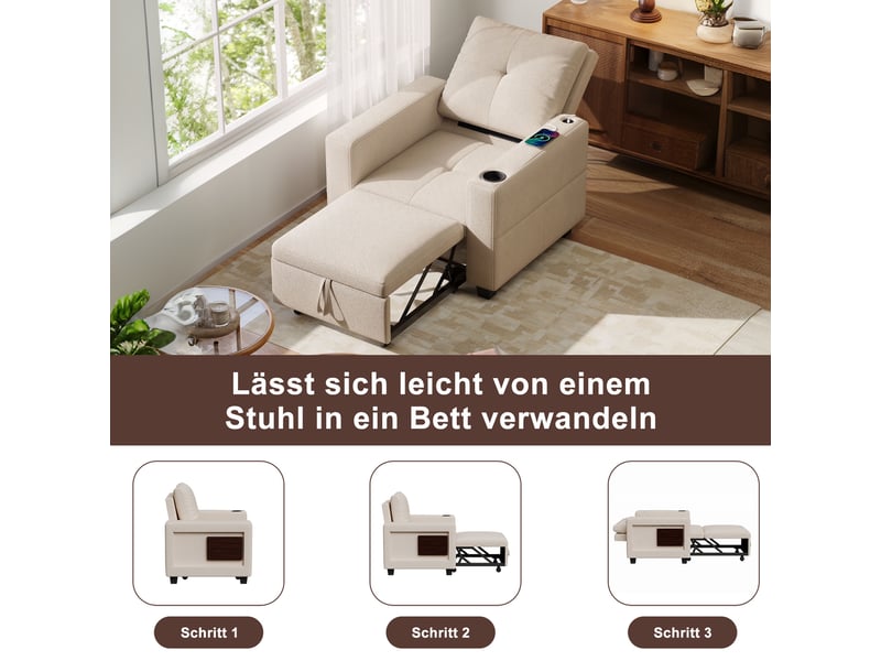  Fauteuil convertible 3-en-1 multifonction 90 x 78 x 90 cm - avec prise usb et tablette pliante –  chenille - beige  - Conforama E