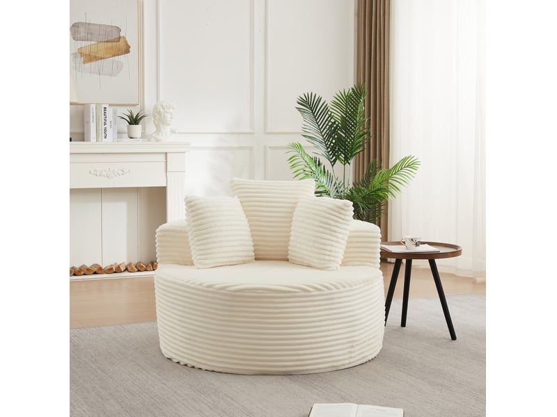  Fauteuil rond 1 place ø110 cm en velours côtelé beige avec 3 coussins  - Conforama E